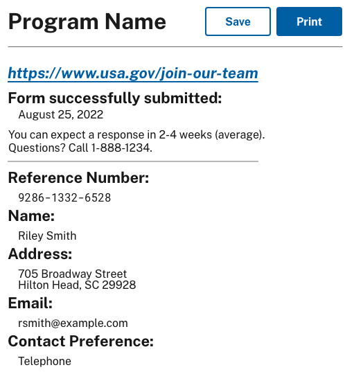 Screenshot of collected information shows save and print buttons, date of submission, response estimate, and a collection of the user's responses to the form questions.