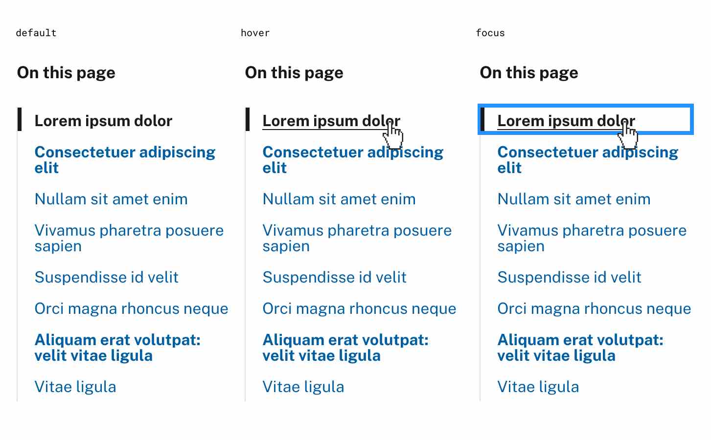 An in-page navigation component in the three states: default, hover, and focus. In the active state, the nav link is underlined. In the focus state, the nav link is underlined and has a focus border surrounding it.